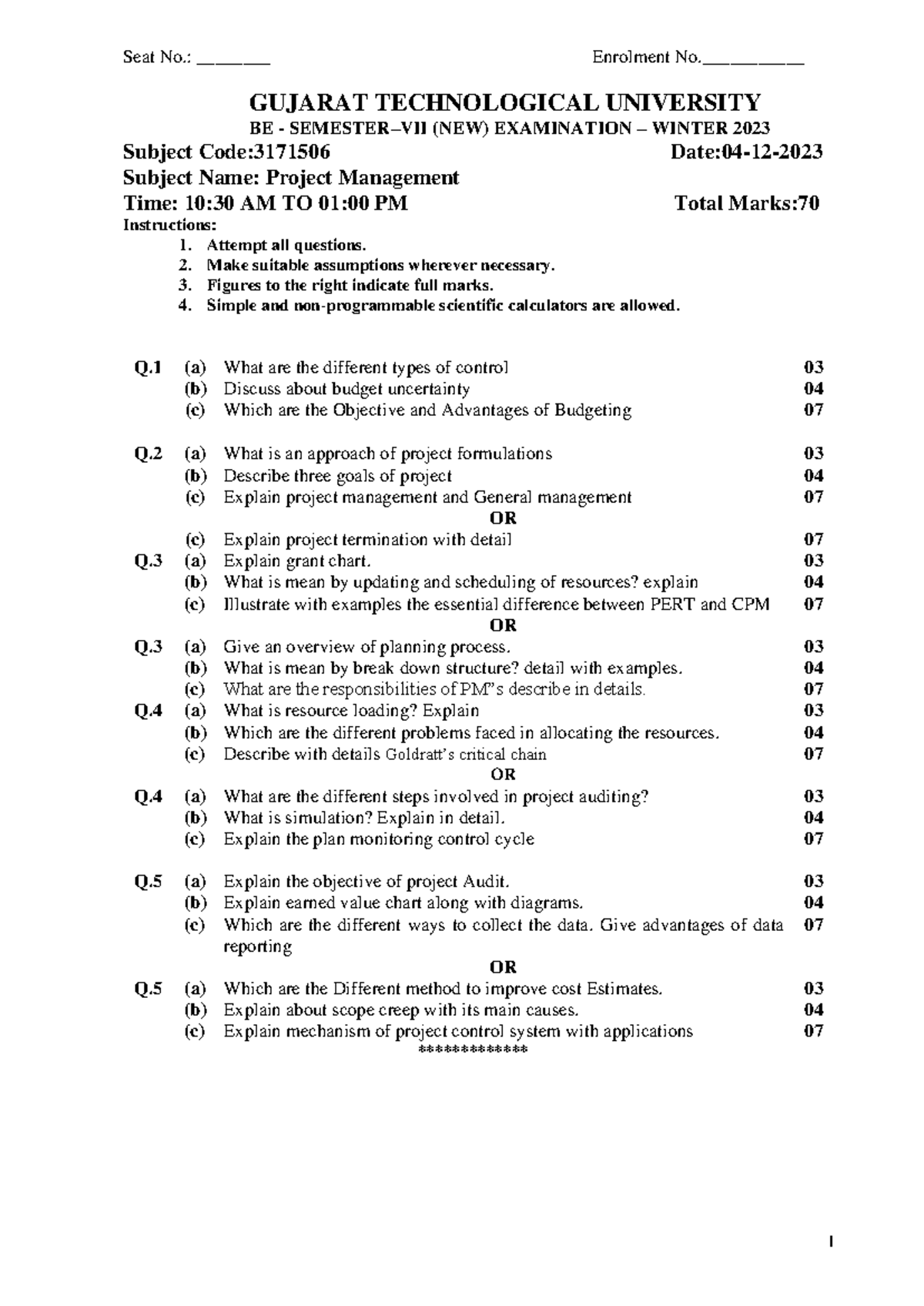 3171506 - Project Management Old Question Paper Winter 2023 - Studocu