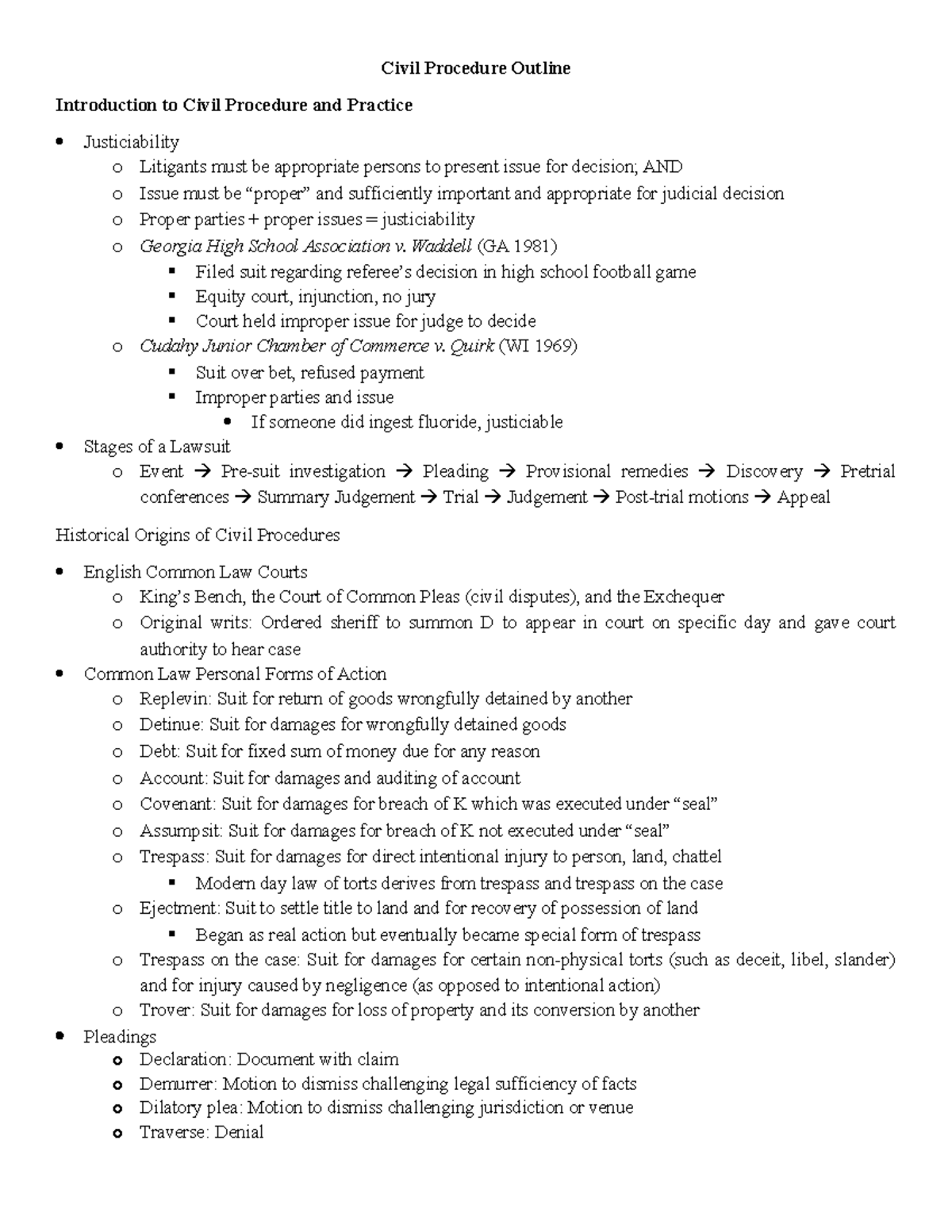 Civil Procedure I Final Exam Outline: Key Concepts and Jurisdiction ...
