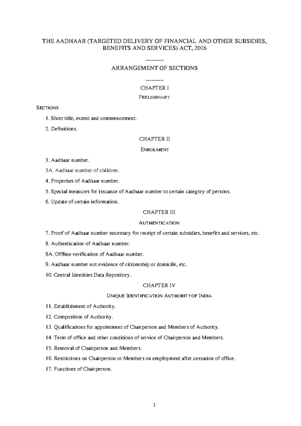 Aadhaar Act 2016: Comprehensive Overview and Key Provisions - Studocu