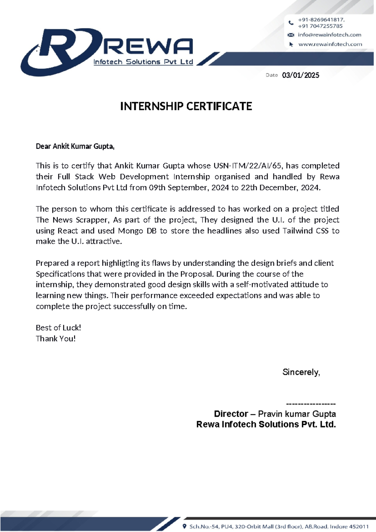 INTERNSHIP CERTIFICATE - Full Stack Web Dev at Rewa Infotech - Studocu