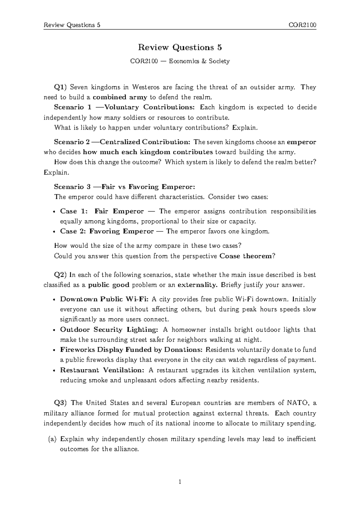 Review Questions 5 COR2100: Economics Scenarios & Public Goods Analysis ...