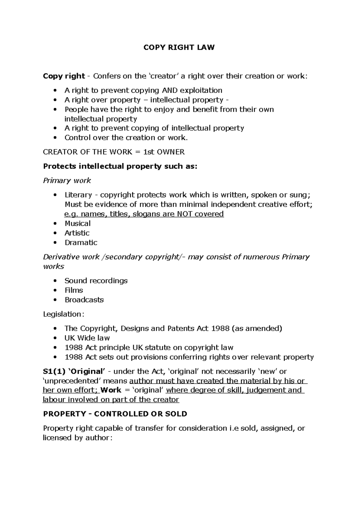 Copyright Law Lecture Notes (COPY 101) – Key Concepts & Defenses - Studocu