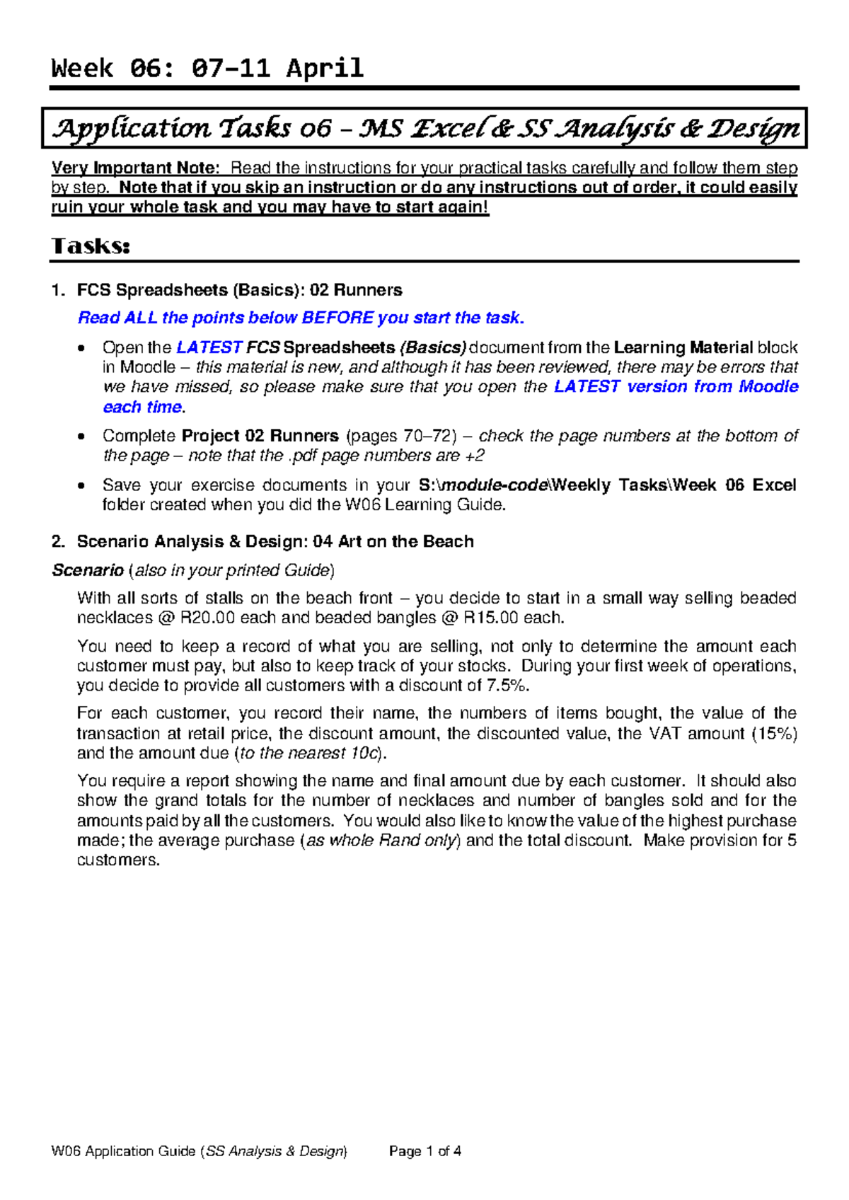 W06: April Application Tasks for MS Excel SS Analysis Design - Studocu