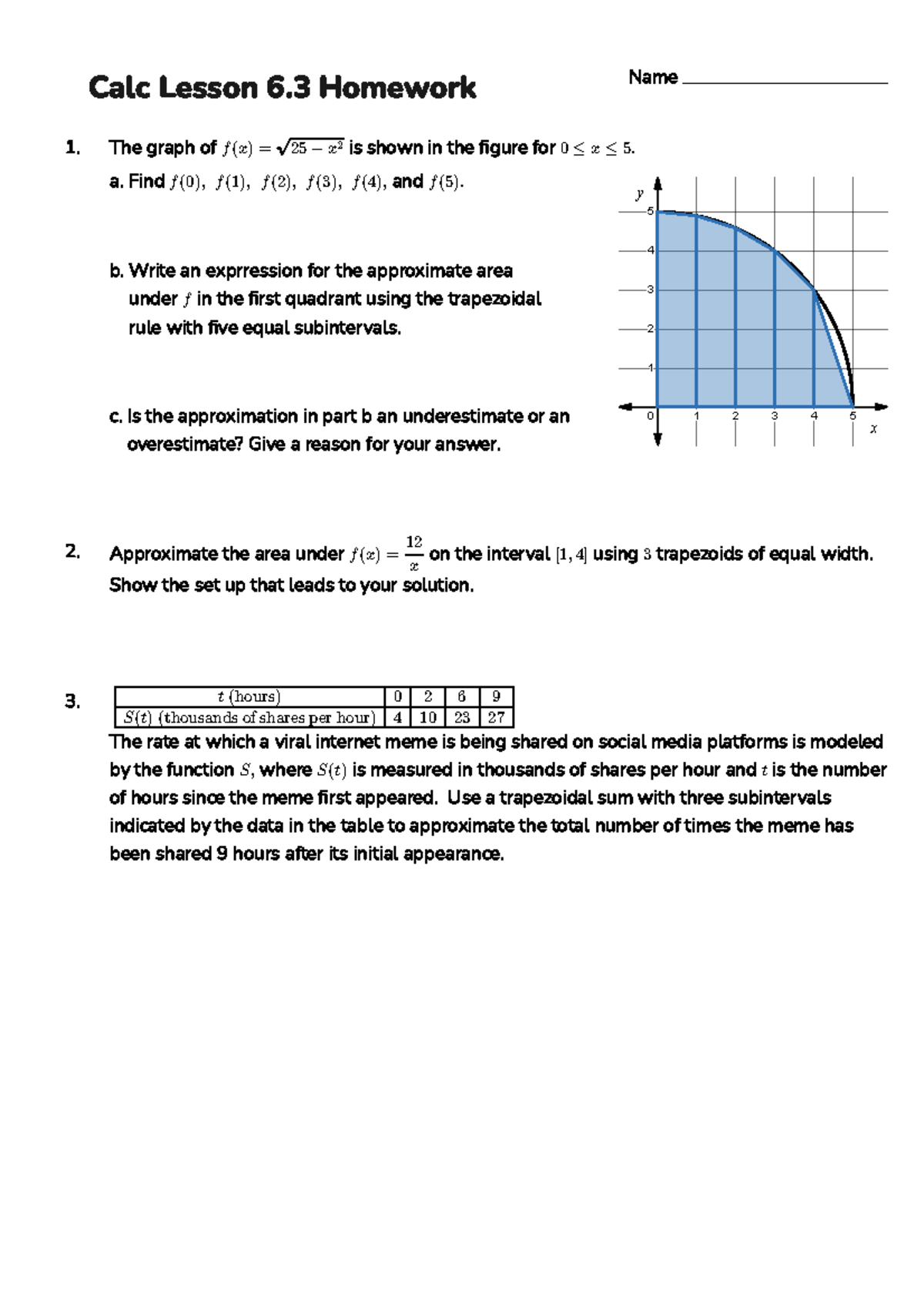 AP Calc 6.3 Homework: Trapezoidal Rule & Area Approximations - Studocu