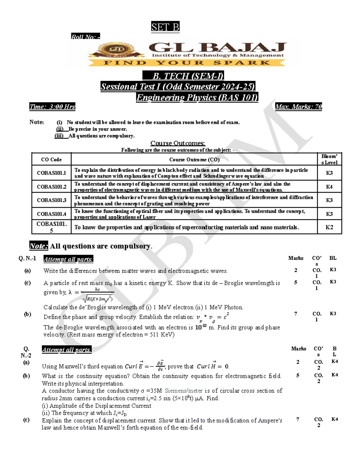 BAS 101 Engineering Physics Test I (Odd Semester) - SET B - Studocu