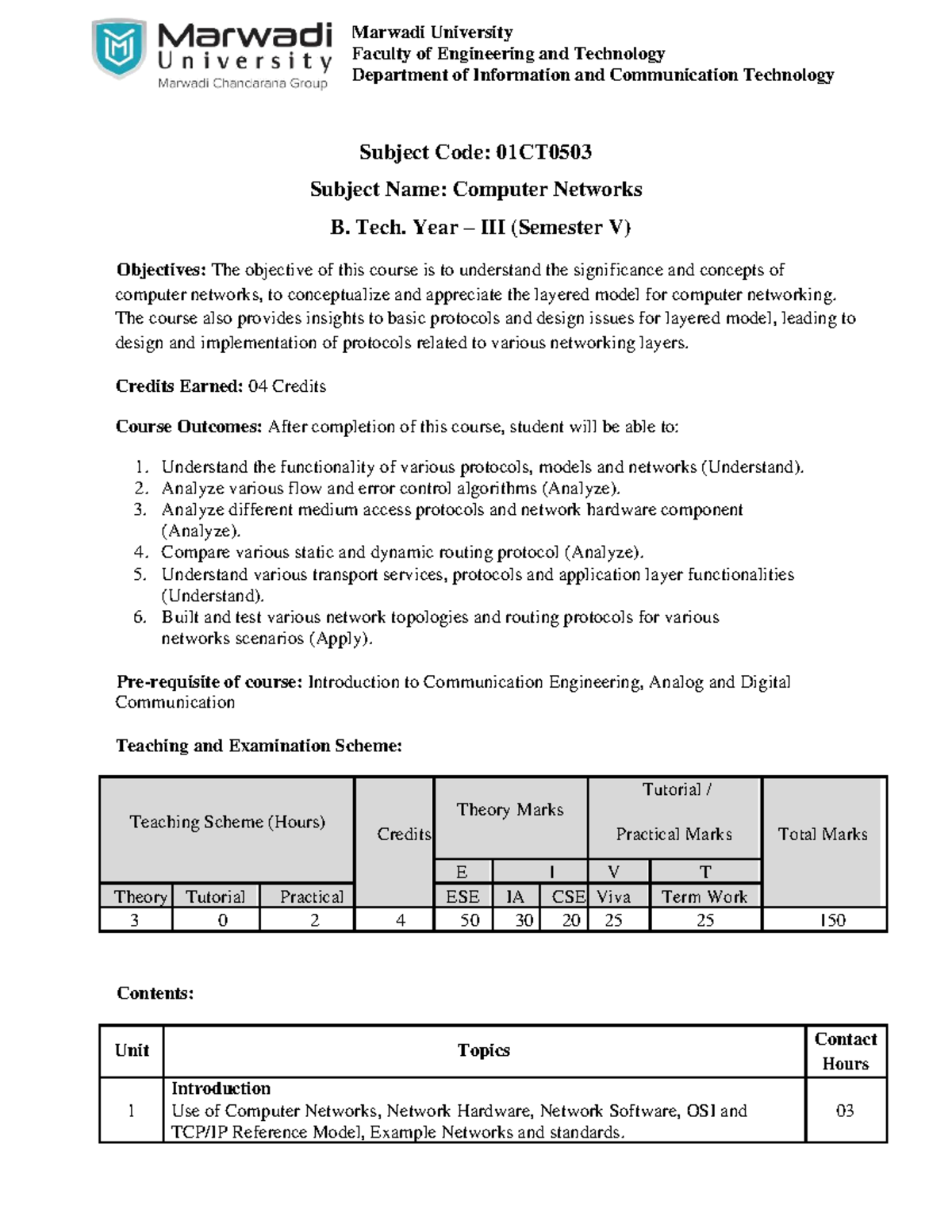 Computer Networks Course Overview and Objectives 01CT0503 - Studocu