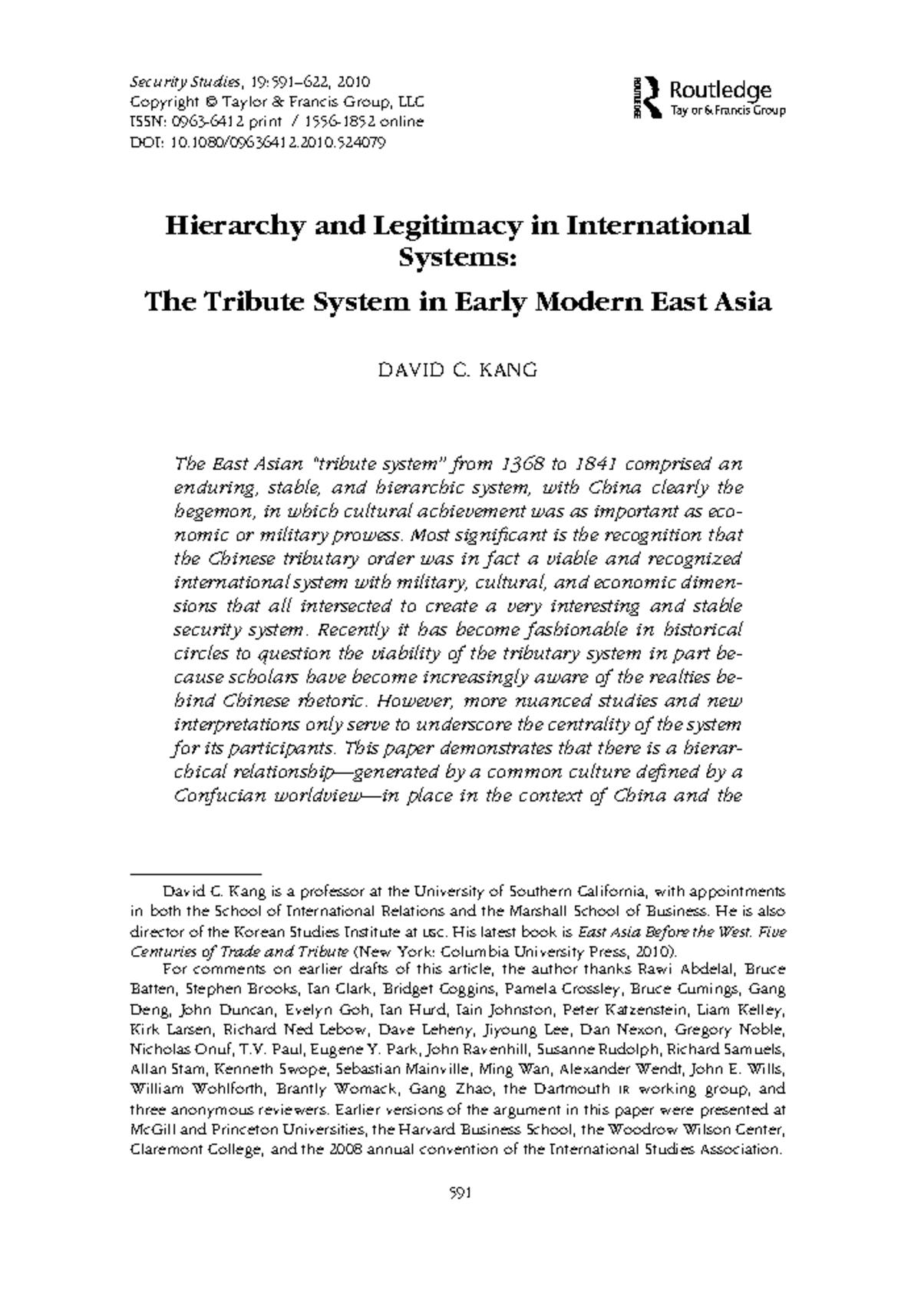 Hierarchy and Legitimacy in International Systems: The Tribute System ...