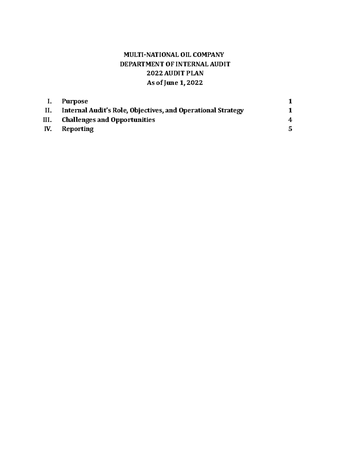 Audit Plan for Internal Audit of Multi-National Oil Company (2022 ...