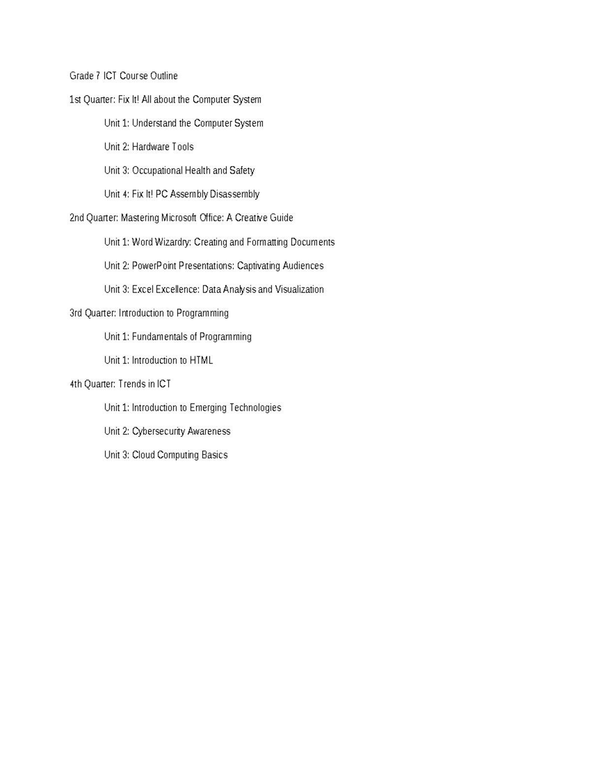 Grade 7 ICT Course Outline: A Year of Tech Learning and Skills - Studocu