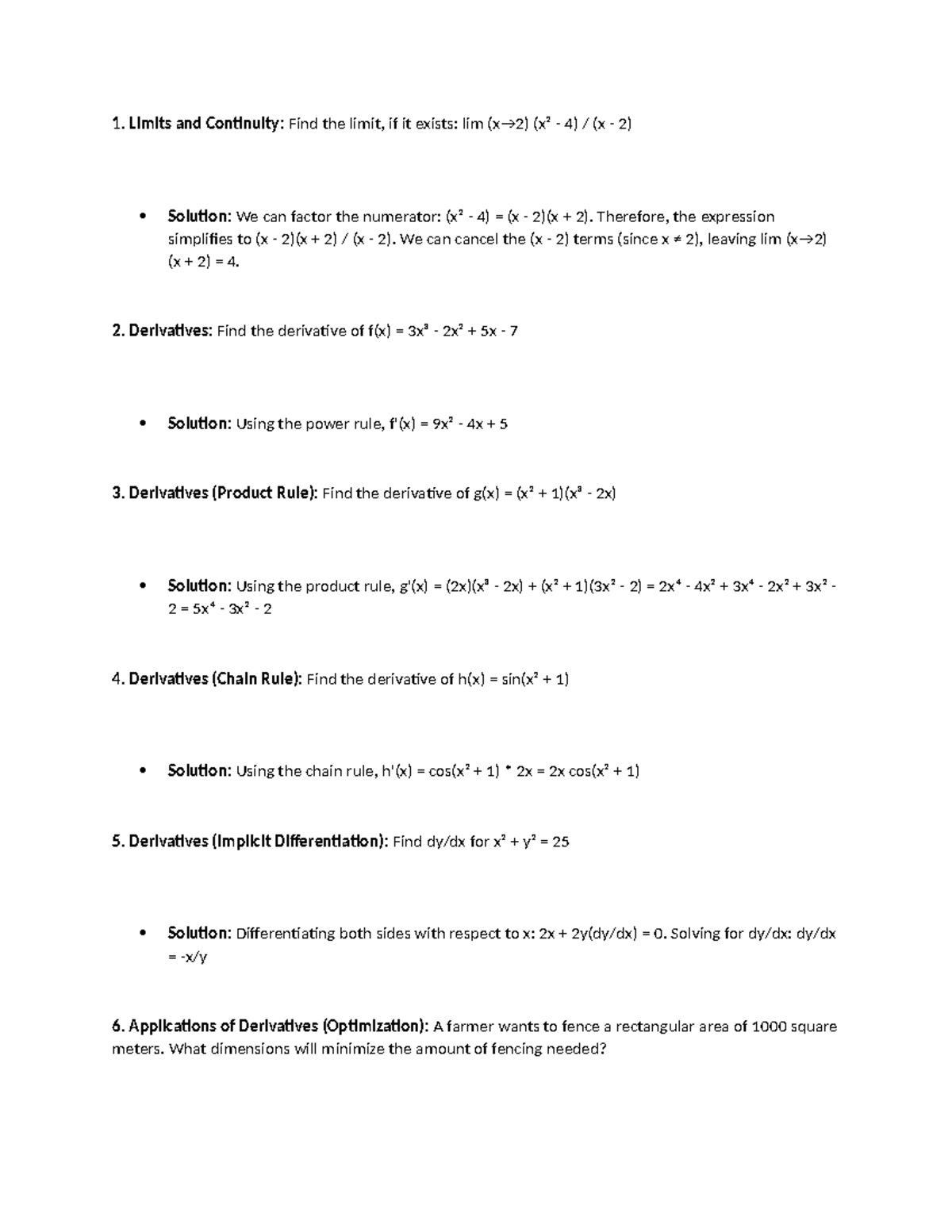 Math Solution 1 - calculus - 1. Limits and Continuity: Find the limit ...