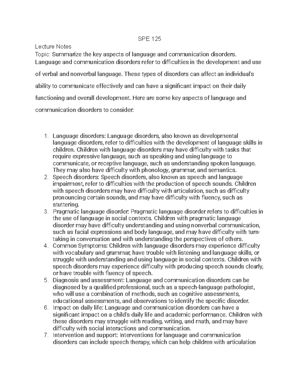 SPE 125 - Key Aspects of Language & Communication Disorders Lecture ...