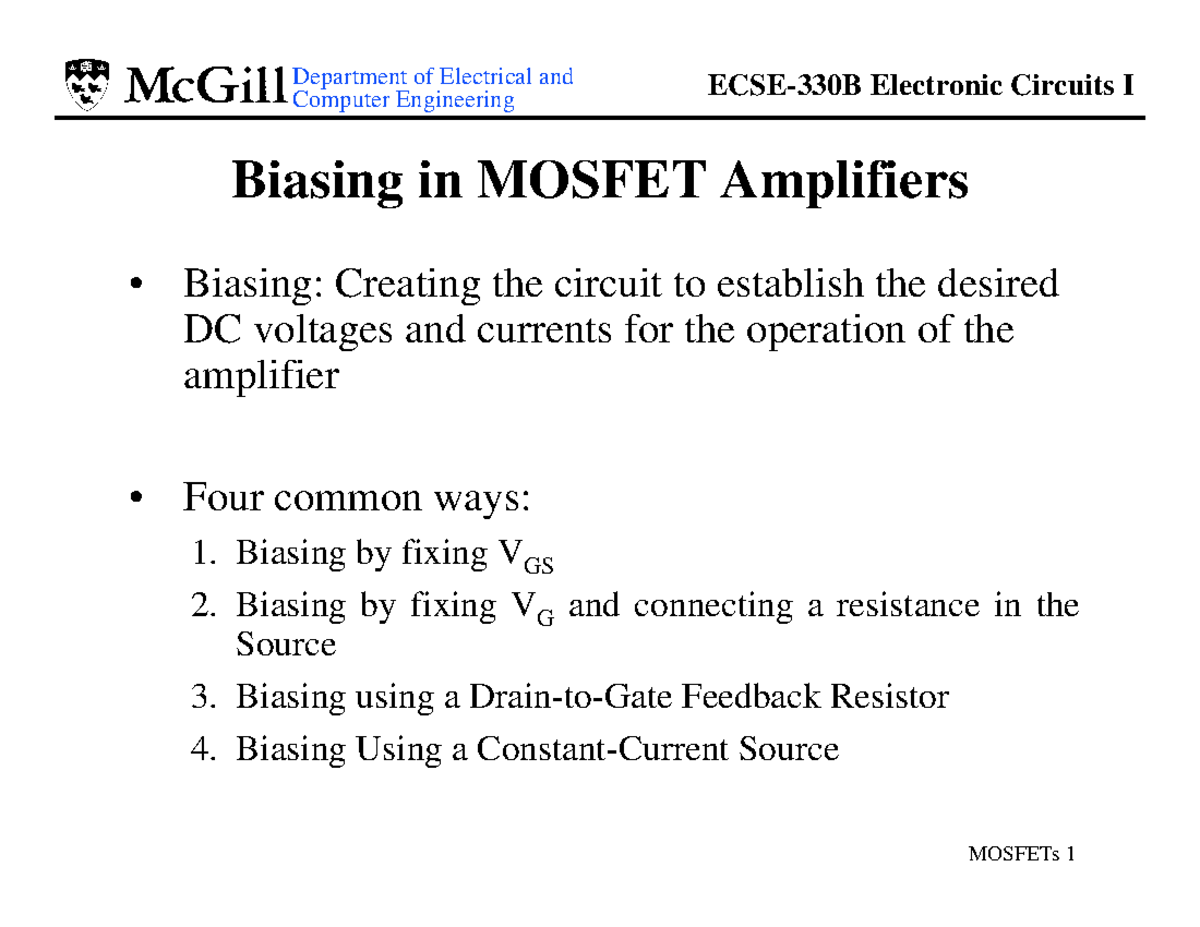ECE 301: Biasing Techniques in MOSFET Amplifiers and Current Mirrors ...