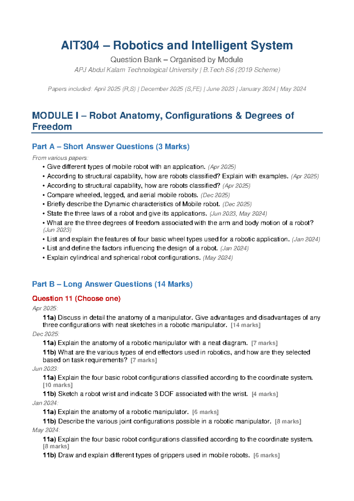 AIT304 Robotics & Intelligent Systems Question Bank - Past Exam Papers ...