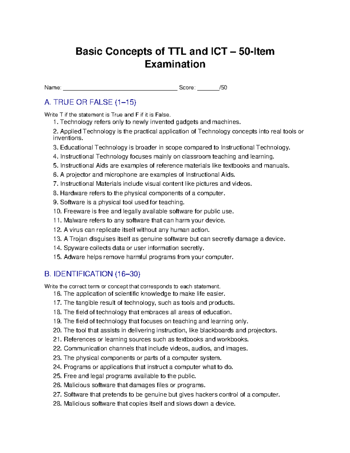 Basic Concepts of TTL and ICT Exam: 50 Item Questionnaire - Studocu