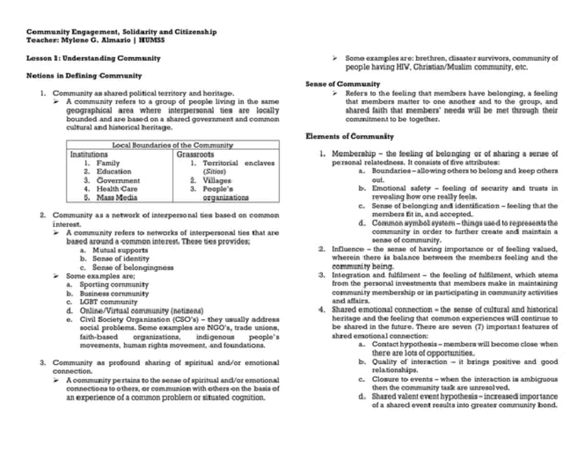 HUMSS Lesson 1: Understanding Community Engagement and Citizenship ...