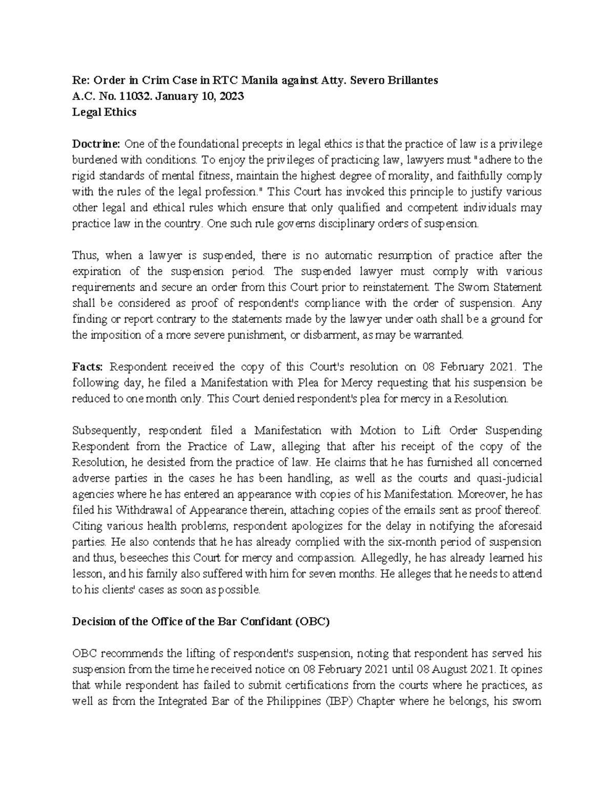 Re: Order in Crim Case RTC Manila vs. Atty. Severo Brillantes A.C. No ...