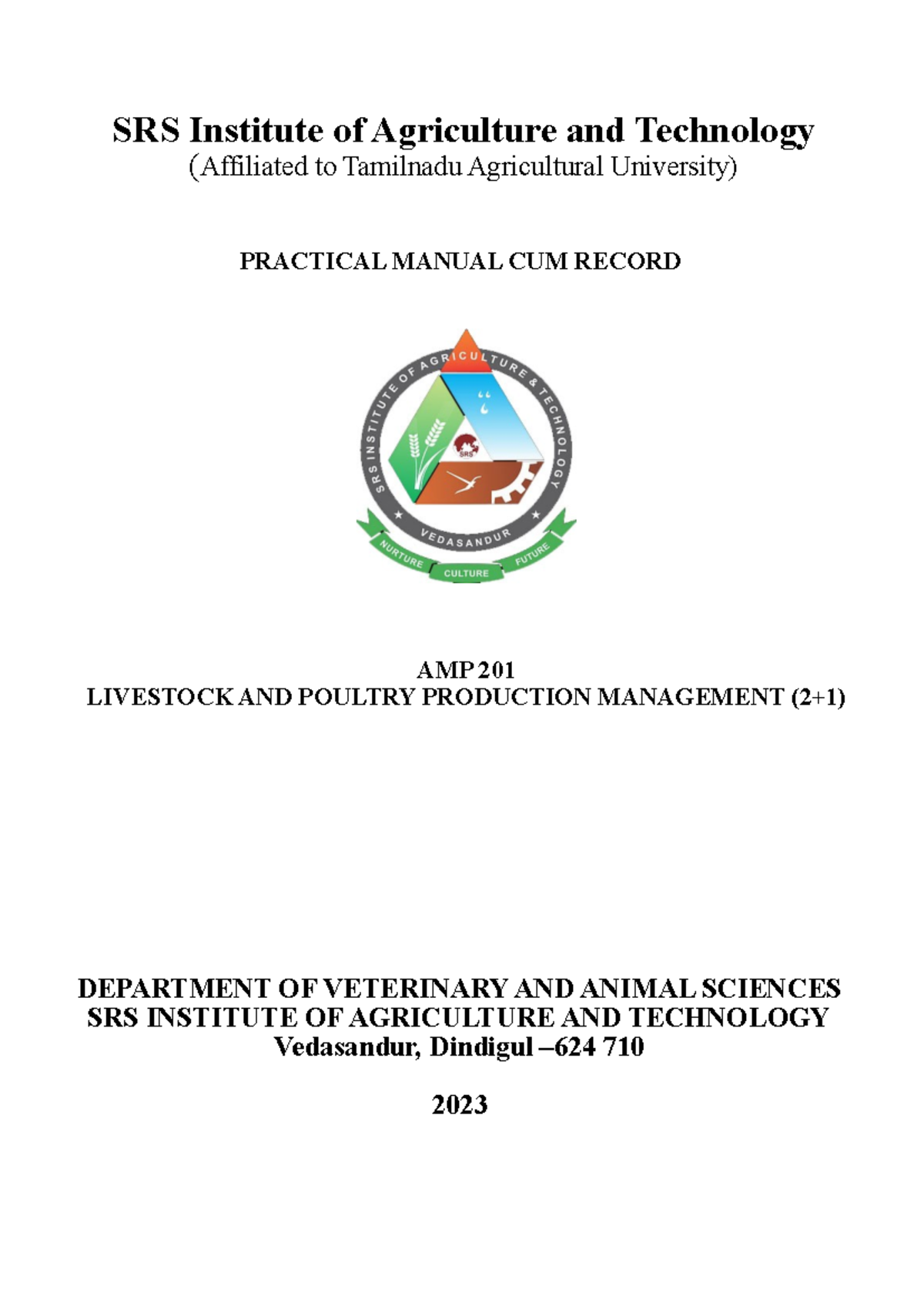AMP 201 practical Record 2023 - AMP 201 LIVESTOCK AND POULTRY ...