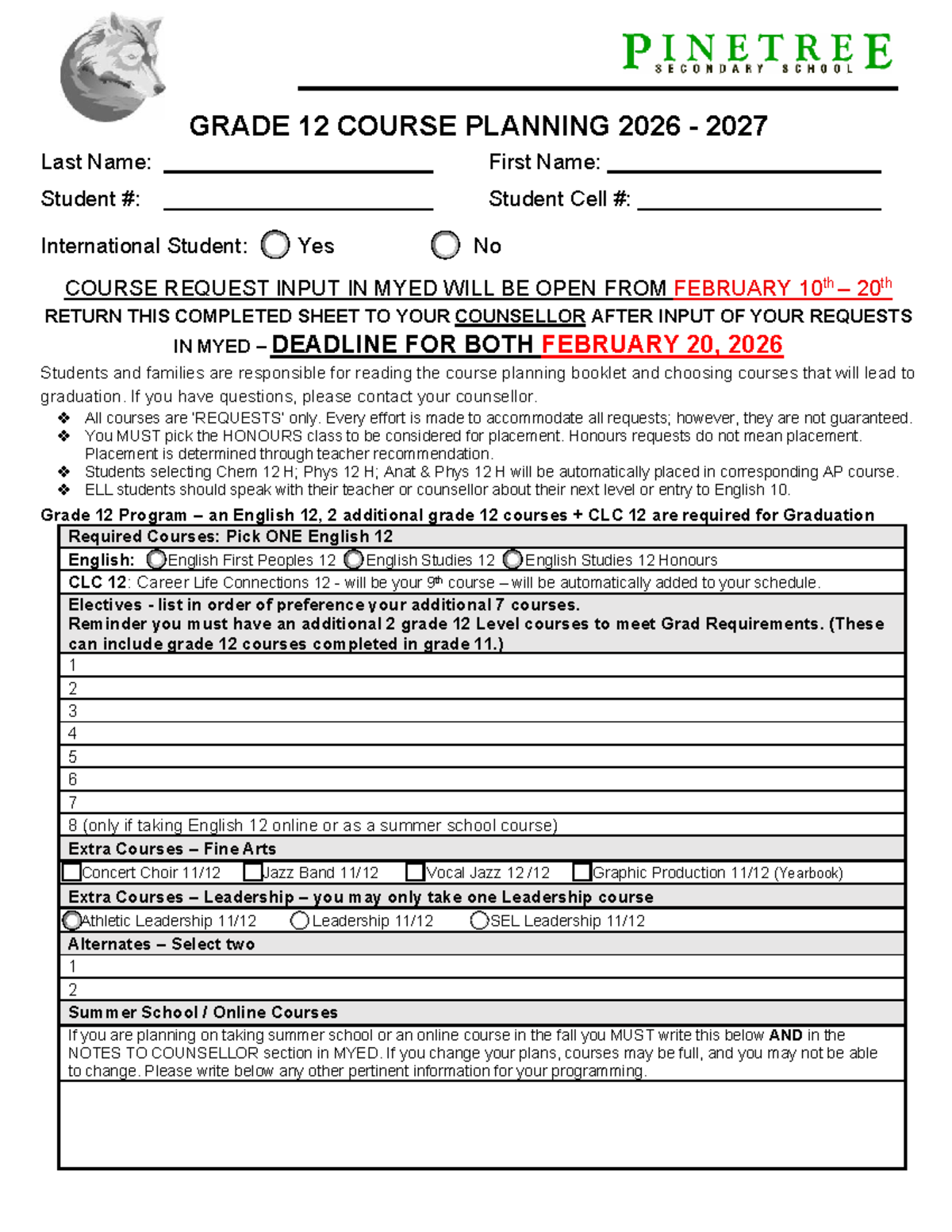 2026-2027 Grade 12 Course Planning Sheet - Fillable Form - Studocu