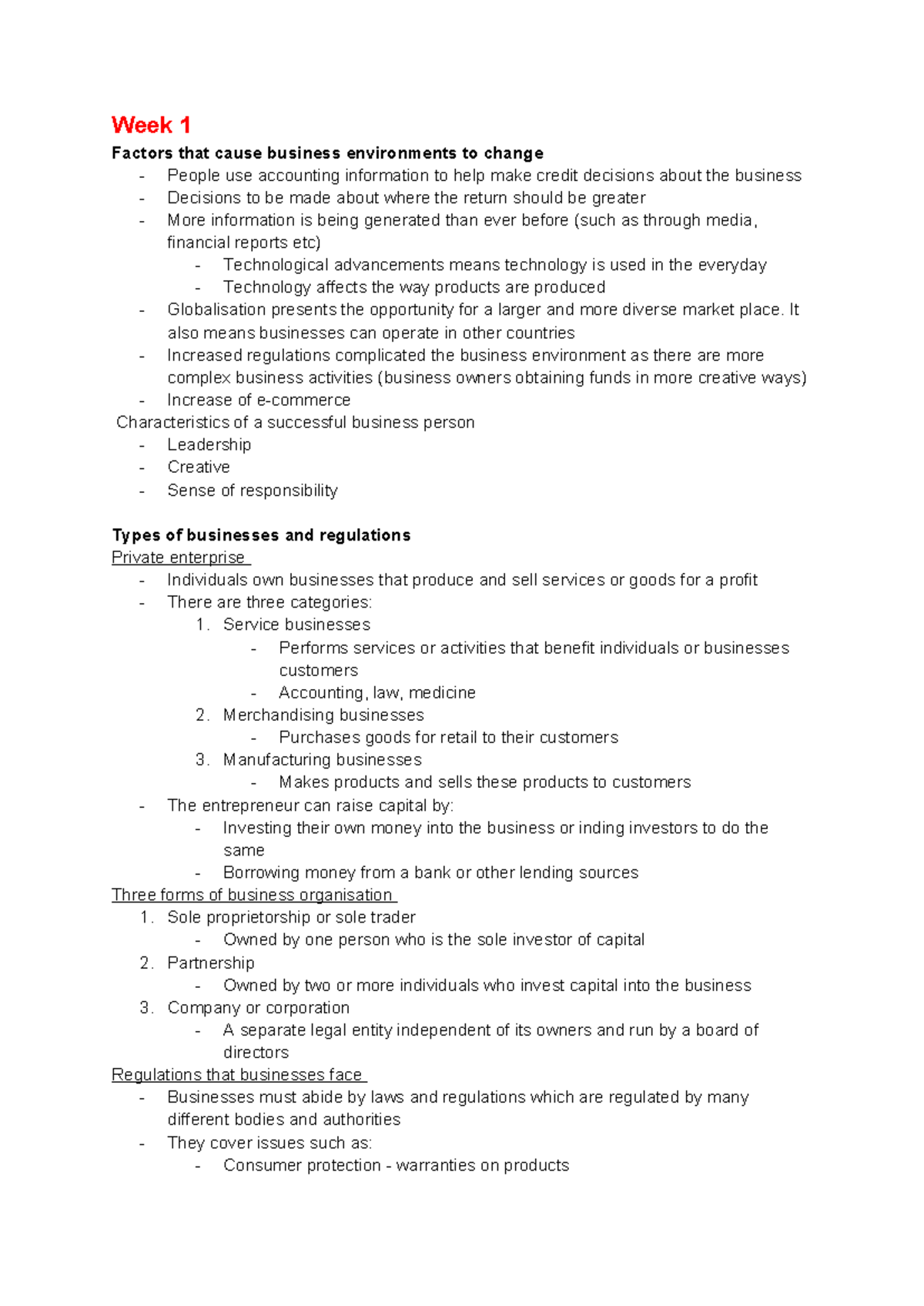BUS1030 lecture notes - Week 1 Factors that cause business environments ...