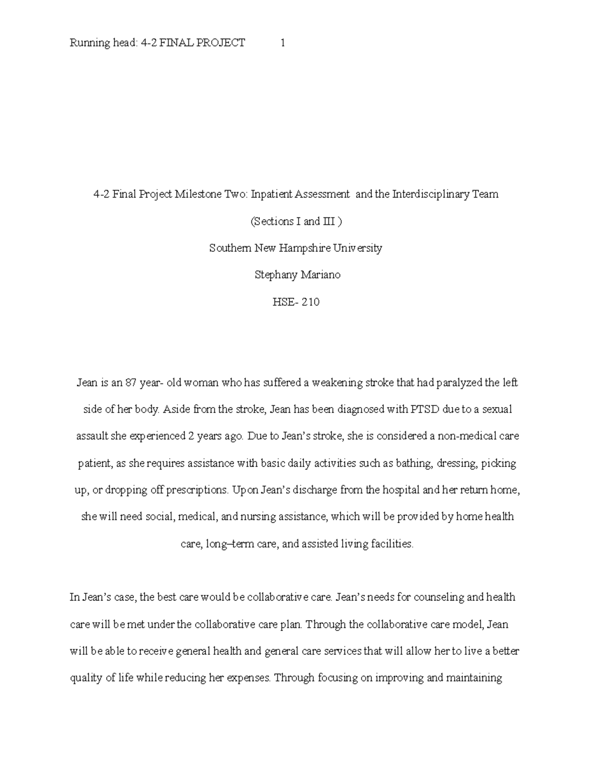 4-2 final project milestone two HSE 210 copy - Running head: 4-2 FINAL ...