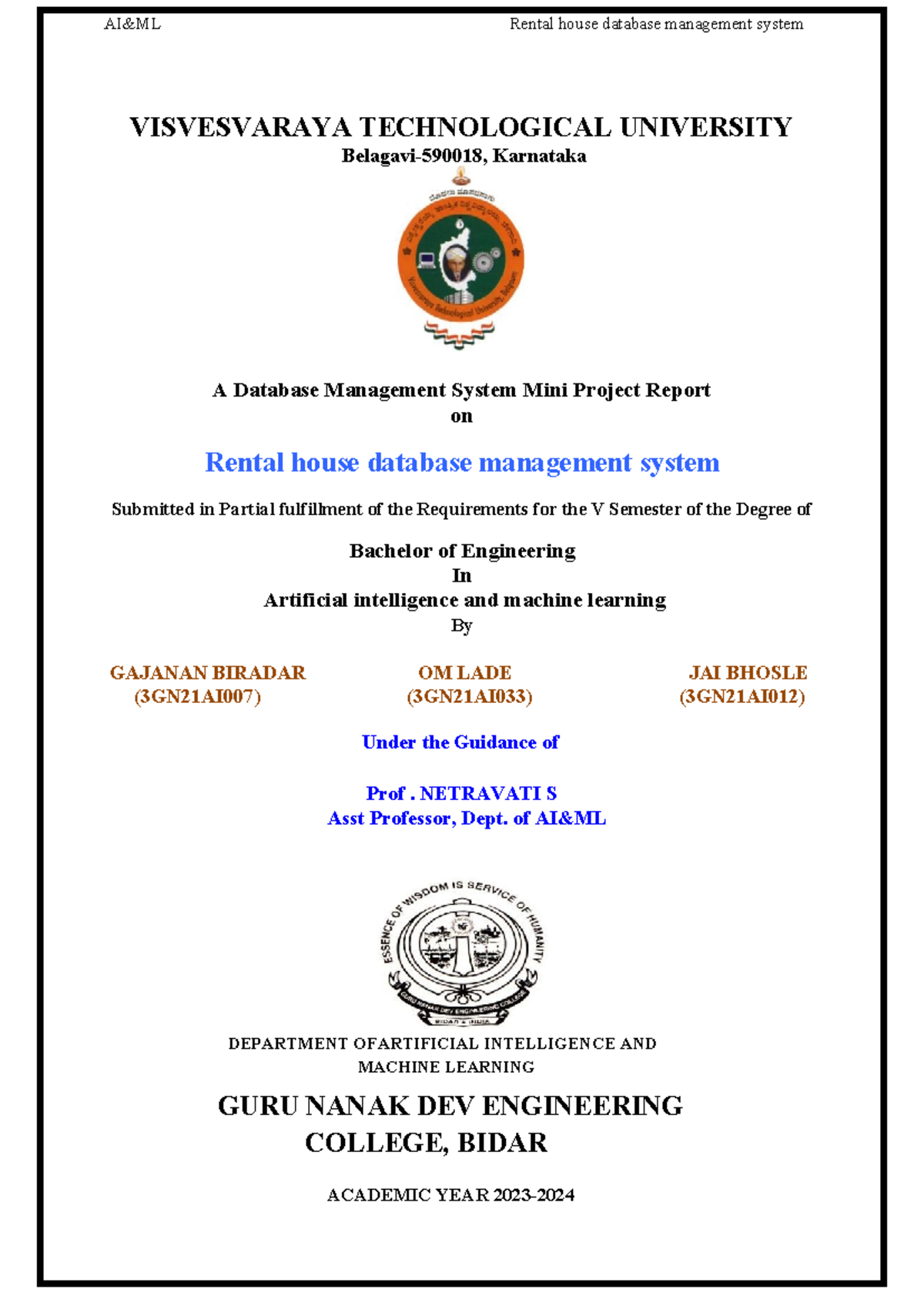 AI&ML DBMS Mini Project Report: Rental House Management System - Studocu