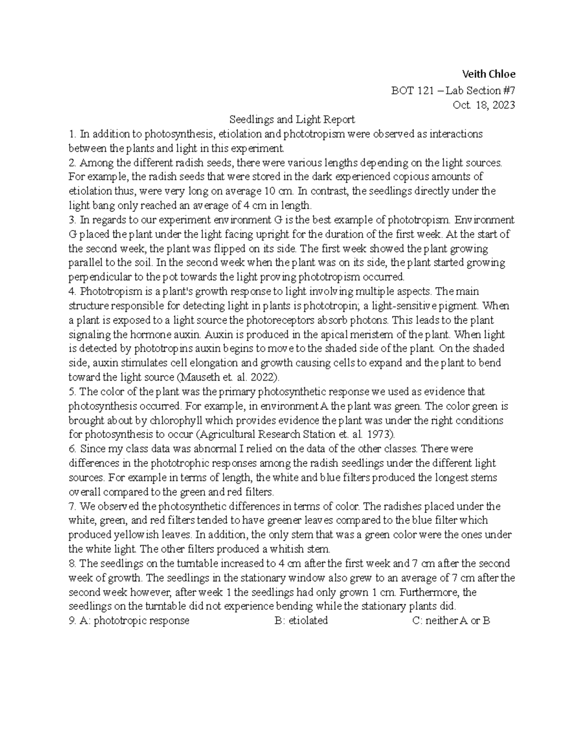BOT 121 Seedlings and Light Experiment Report – October 2023 - Studocu