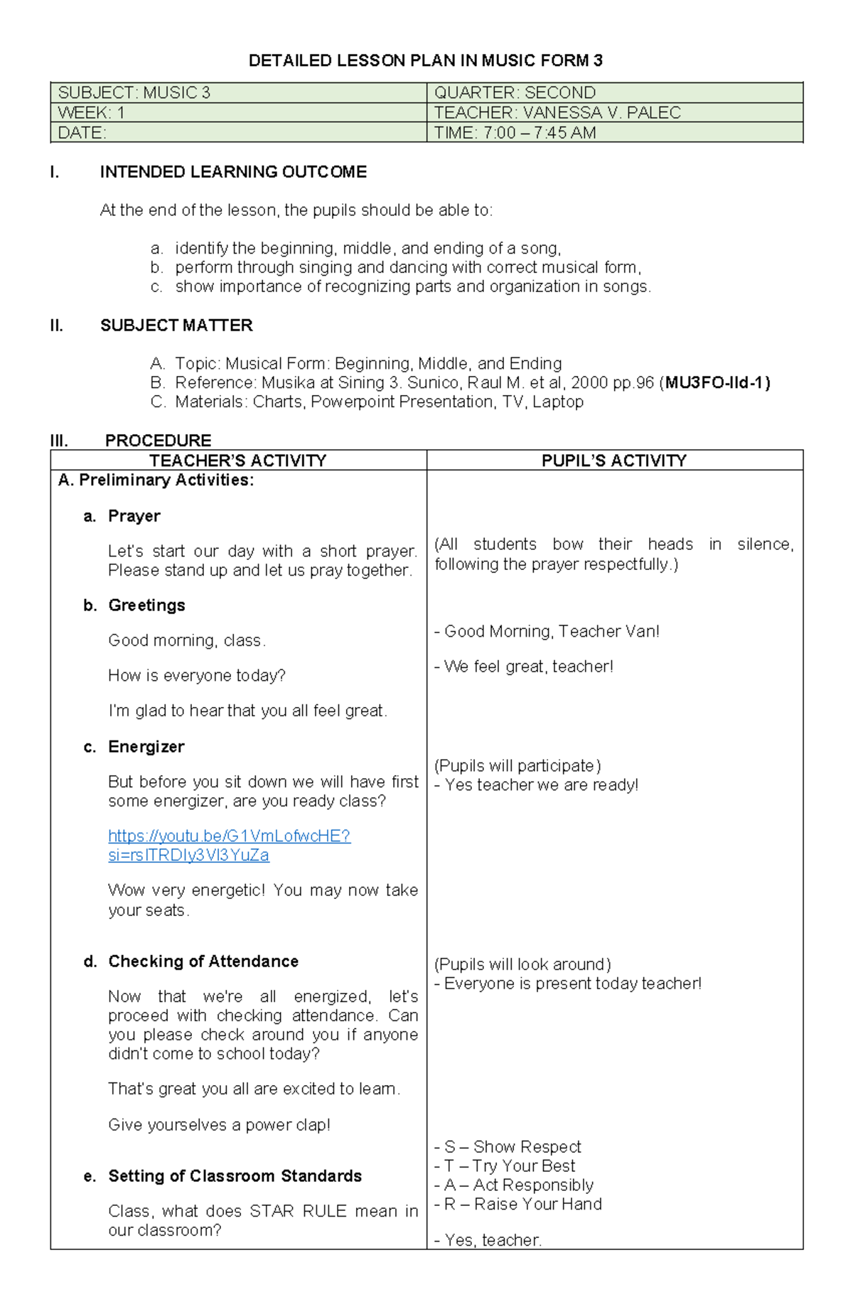 Detailed Lesson Plan: Musical Form in Music 4AS - Week 1 - Studocu