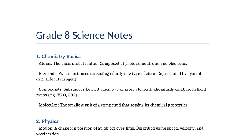 Grade 8 Science Notes - Grade 8 Science Notes 1. Chemistry Basics ...