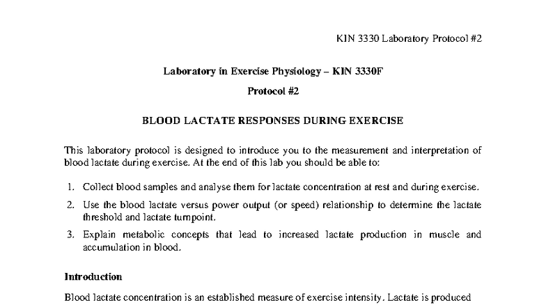 KIN Laboratory Protocol: Blood Lactate Responses During Exercise - Studocu
