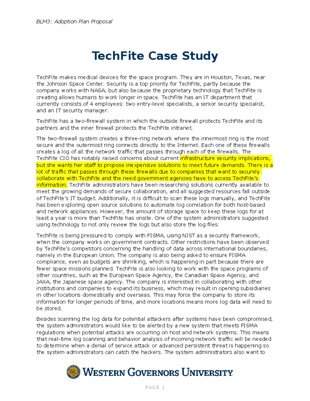 Tech Fite Case Study - Grade: B - BLM3: Adoption Plan Proposal TechFite ...