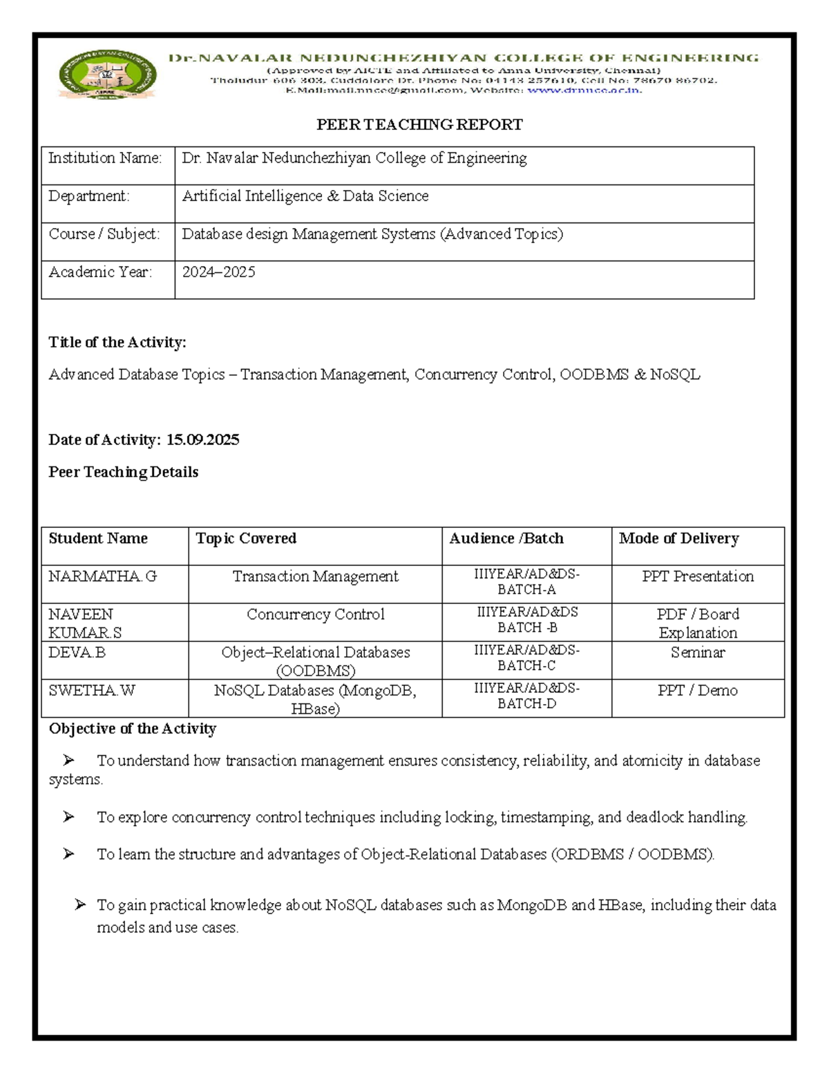 DDM - AI&DS - II Year Peer Teaching Report on Advanced DB Topics ...