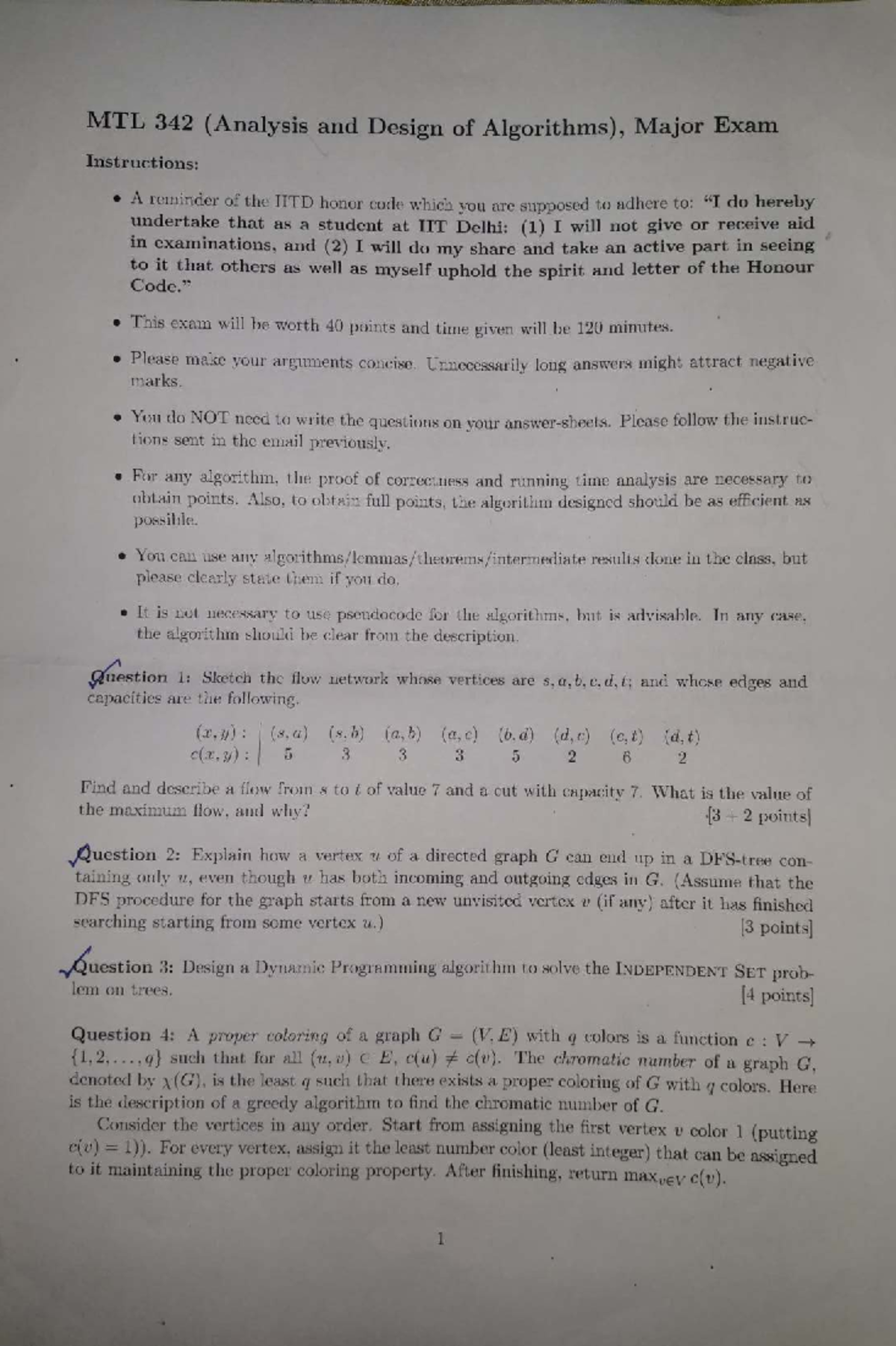 MTL 342 Major Exam Instructions: Analysis and Design of Algorithms ...
