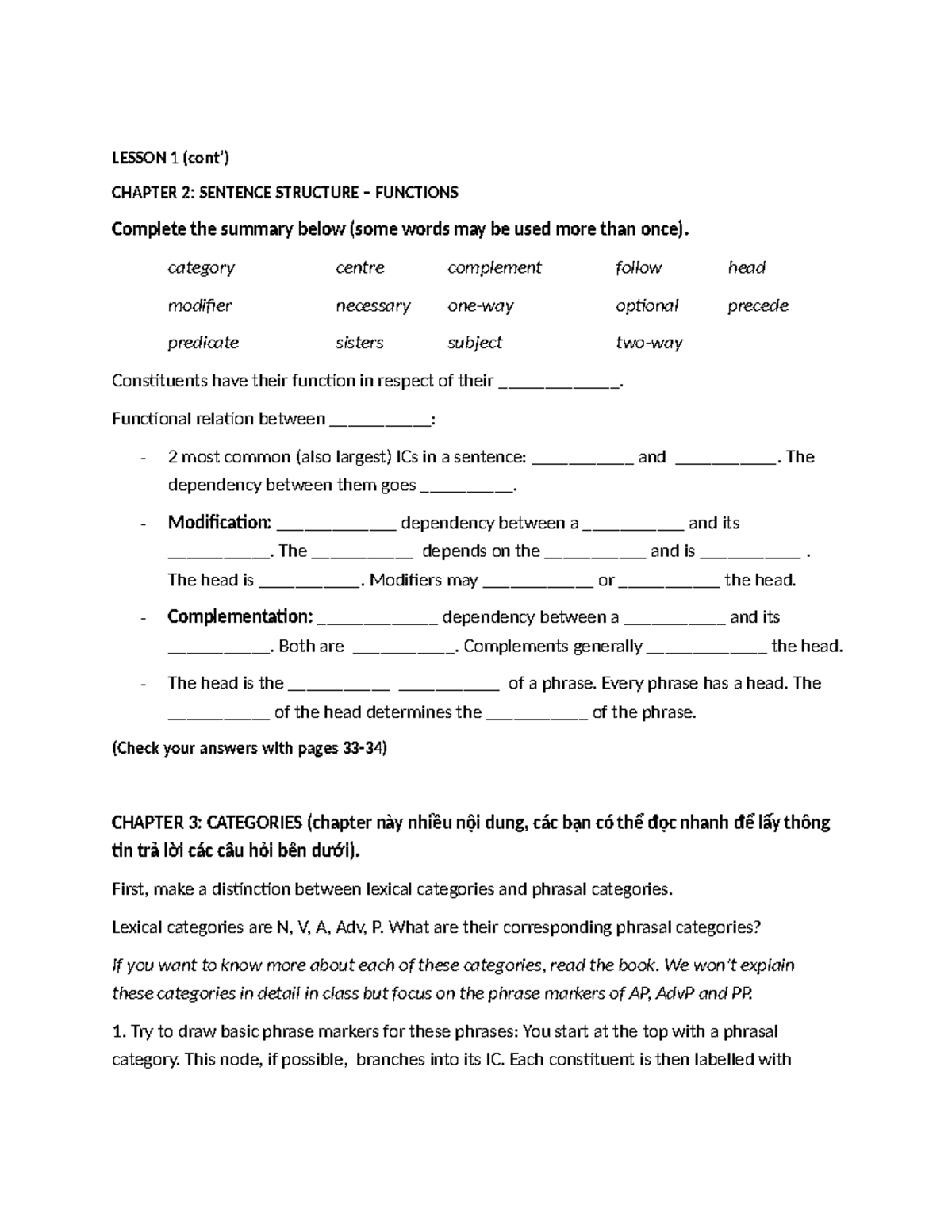 LESSON 1: CHAPTER 2-3-4 SENTENCE STRUCTURE FUNCTIONS Study Notes - Studocu