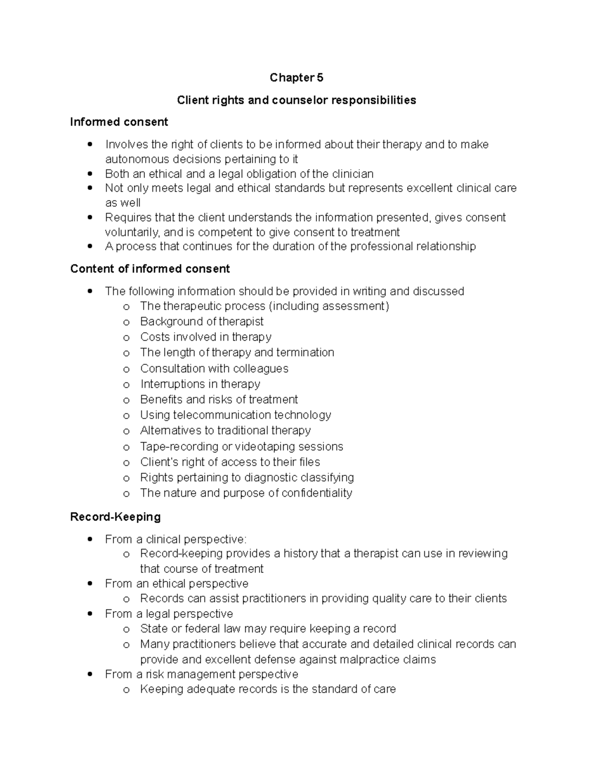 Chapter 5 - Counseling Ethics: Client Rights & Responsibilities - Studocu