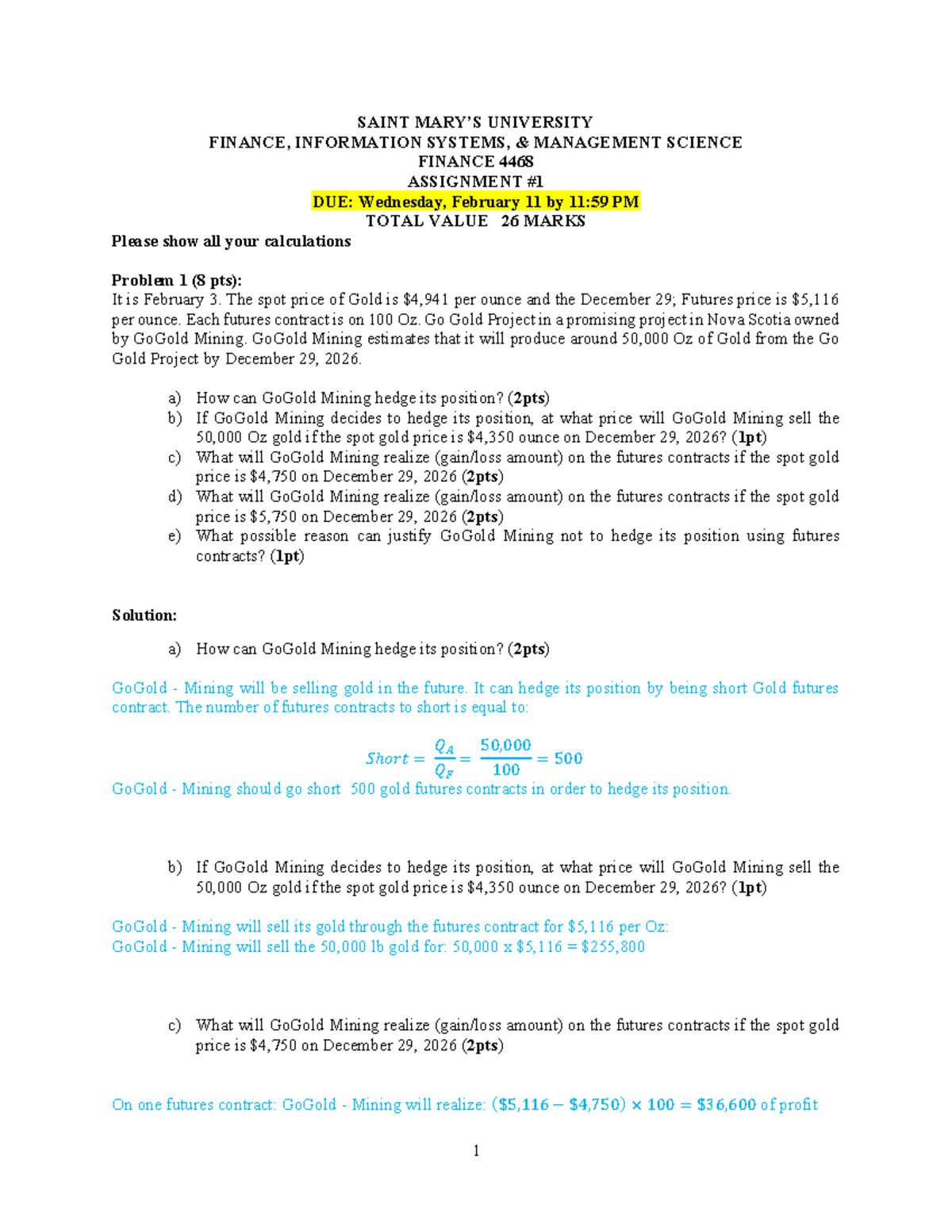 FINA4468 W2026 Assignment 1 Solutions on Gold Futures and Hedging - Studocu