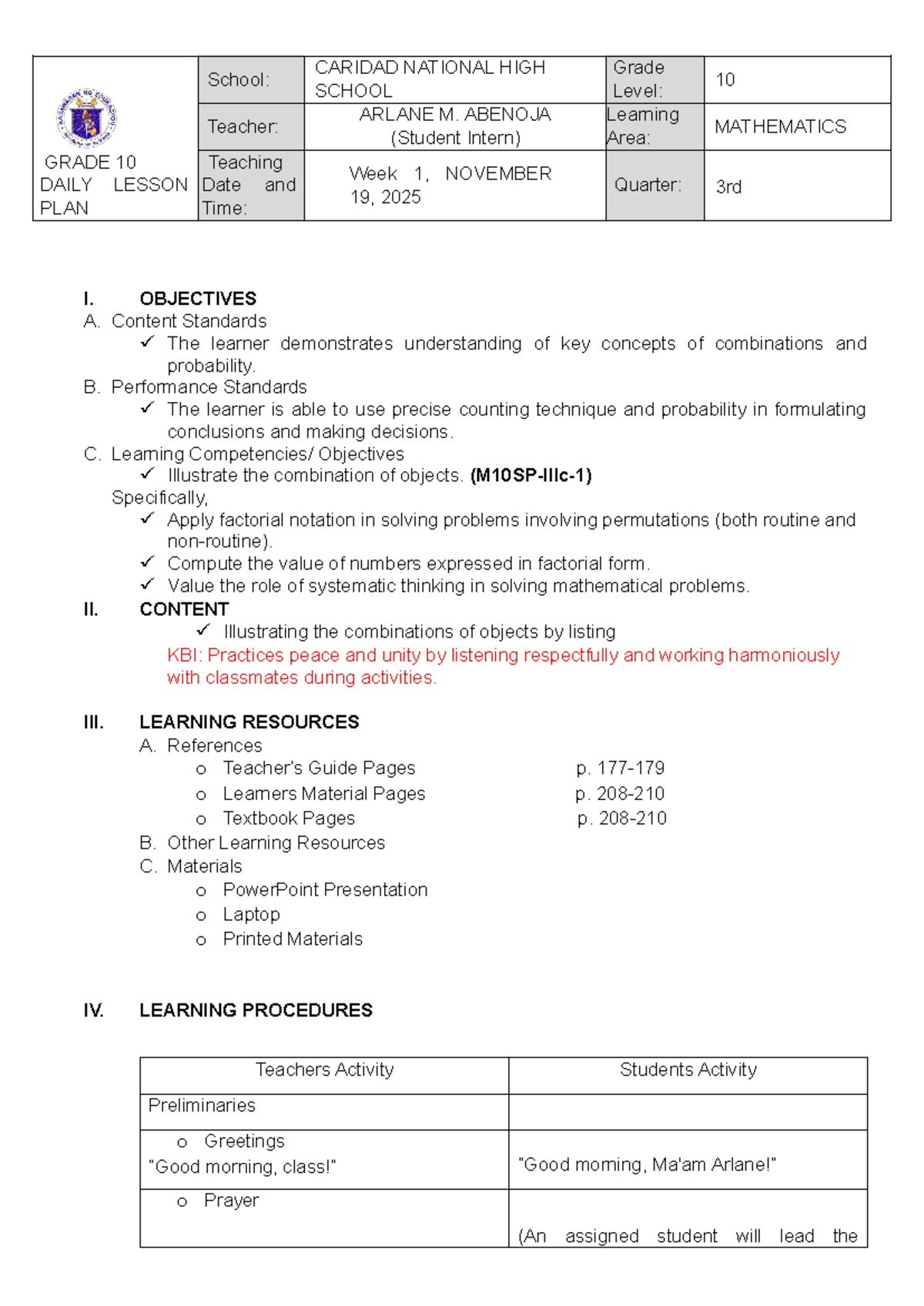 GRADE 10 MATHEMATICS Lesson Plan: Understanding Factorial Notation ...