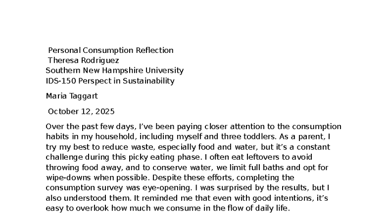 Module Six Journal: Personal Consumption Reflection on Sustainability ...