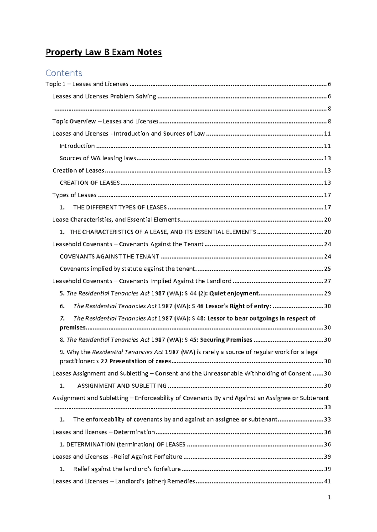 Property Law B Exam Notes: Week 1 - Leases & Licences Overview - Studocu