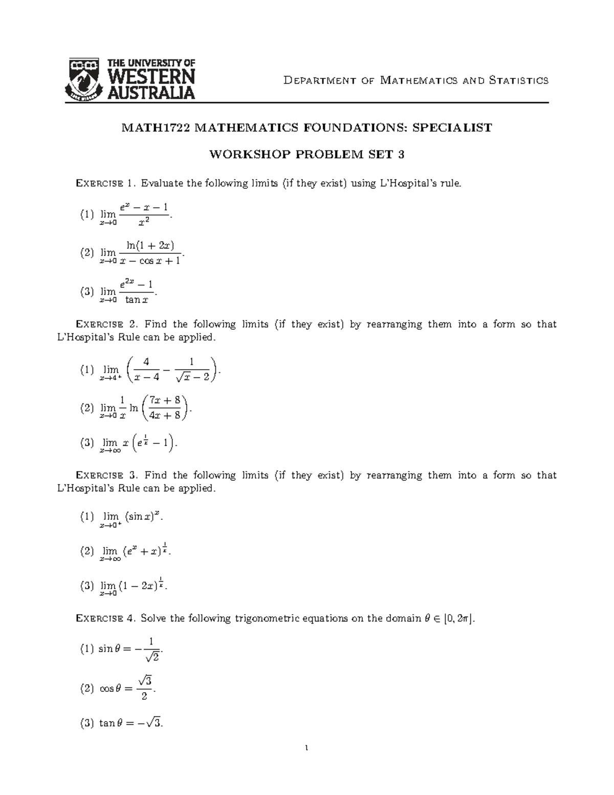 MATH1722 Mathematics Foundations: Workshop Problem Set 3 Limits - Studocu