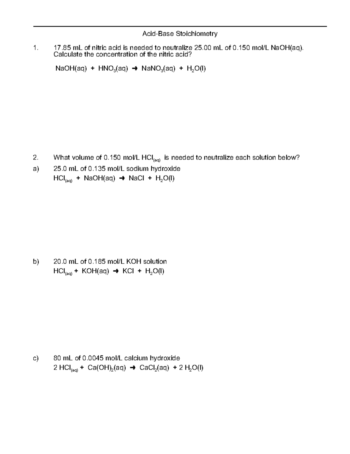 Acid-Base Neutralization Calculations - CHEM 101 Final Exam - Studocu