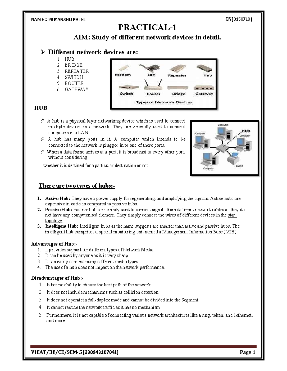 Computer Networks Practical: Study of Network Devices and Cables - Studocu