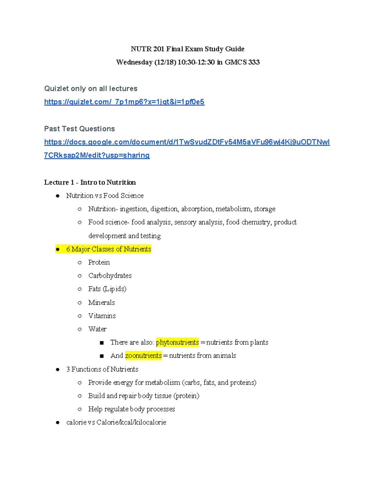 NUTR 201 Final Exam Study Guide: Comprehensive Lecture Notes - Studocu