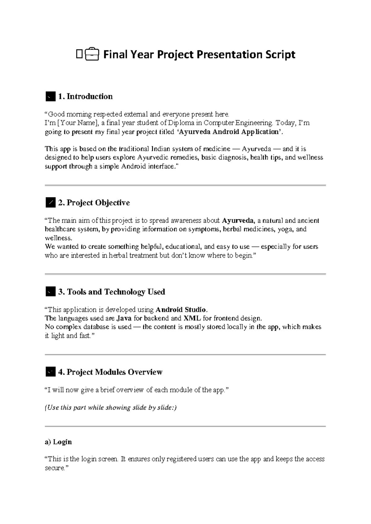 Final Year Project Presentation Script: Ayurveda App Overview (CSE 01 ...