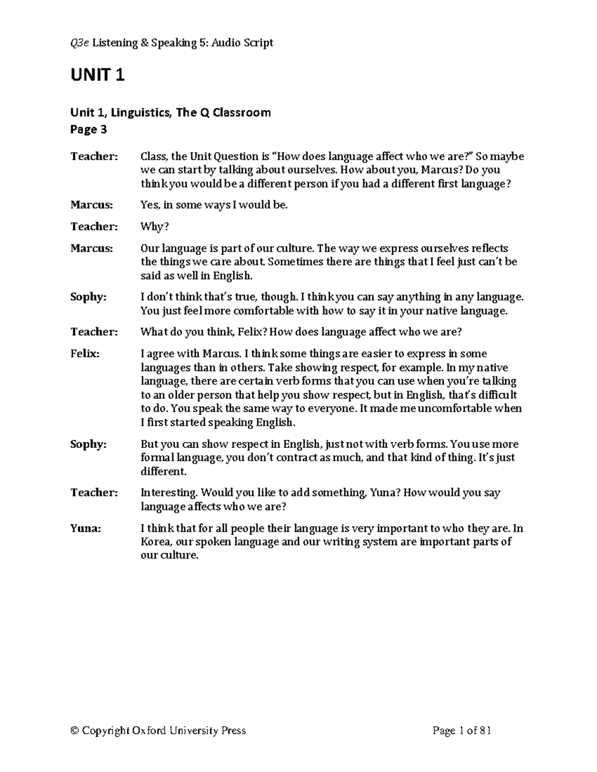 Q3e Listening Speaking 5: Audio Script - Unit 1 Overview - Studocu