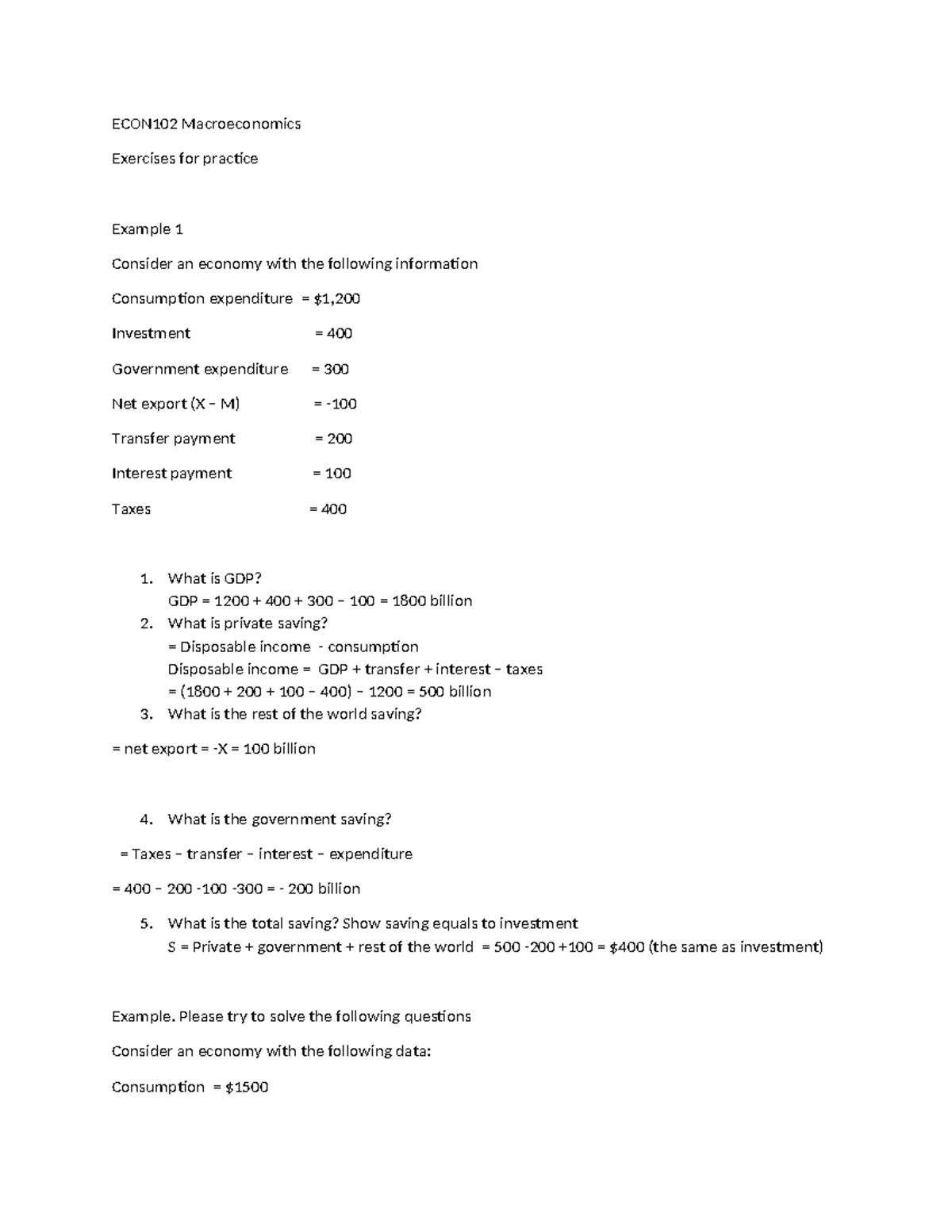 ECON102 Macroeconomics Practice Exercises on GDP and Saving - Studocu