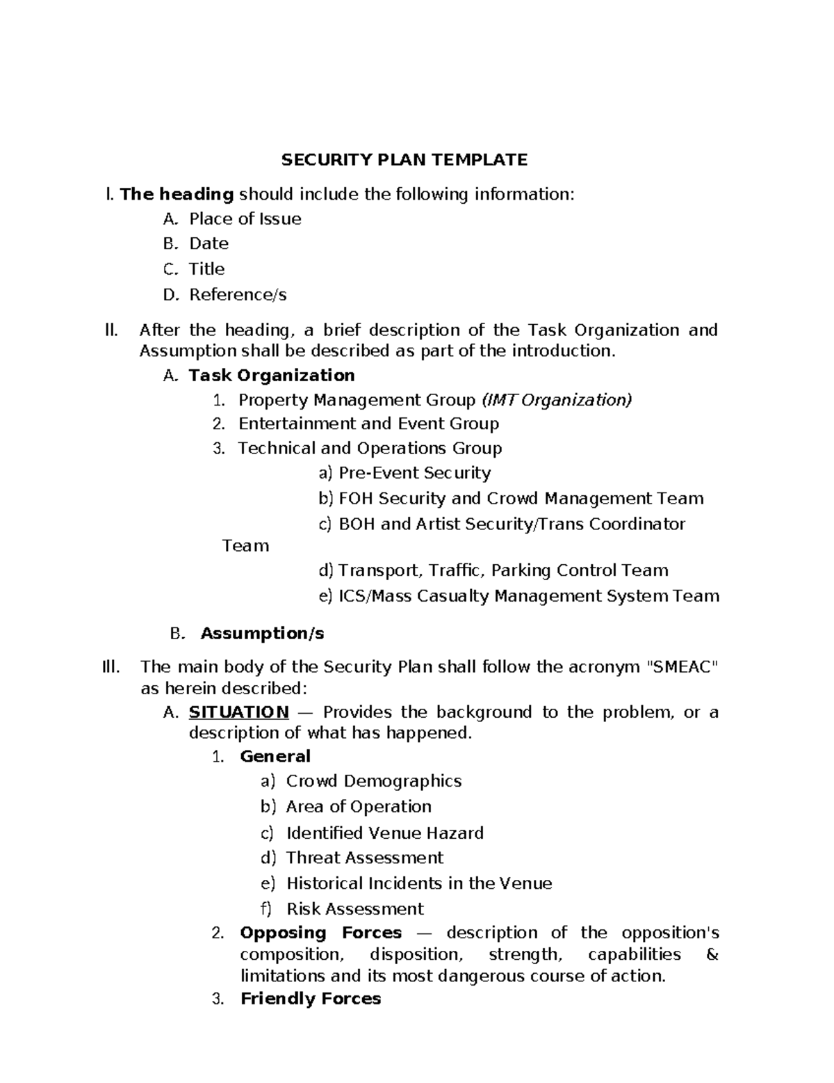 Security Plan Template - SECURITY PLAN TEMPLATE l. The heading should ...