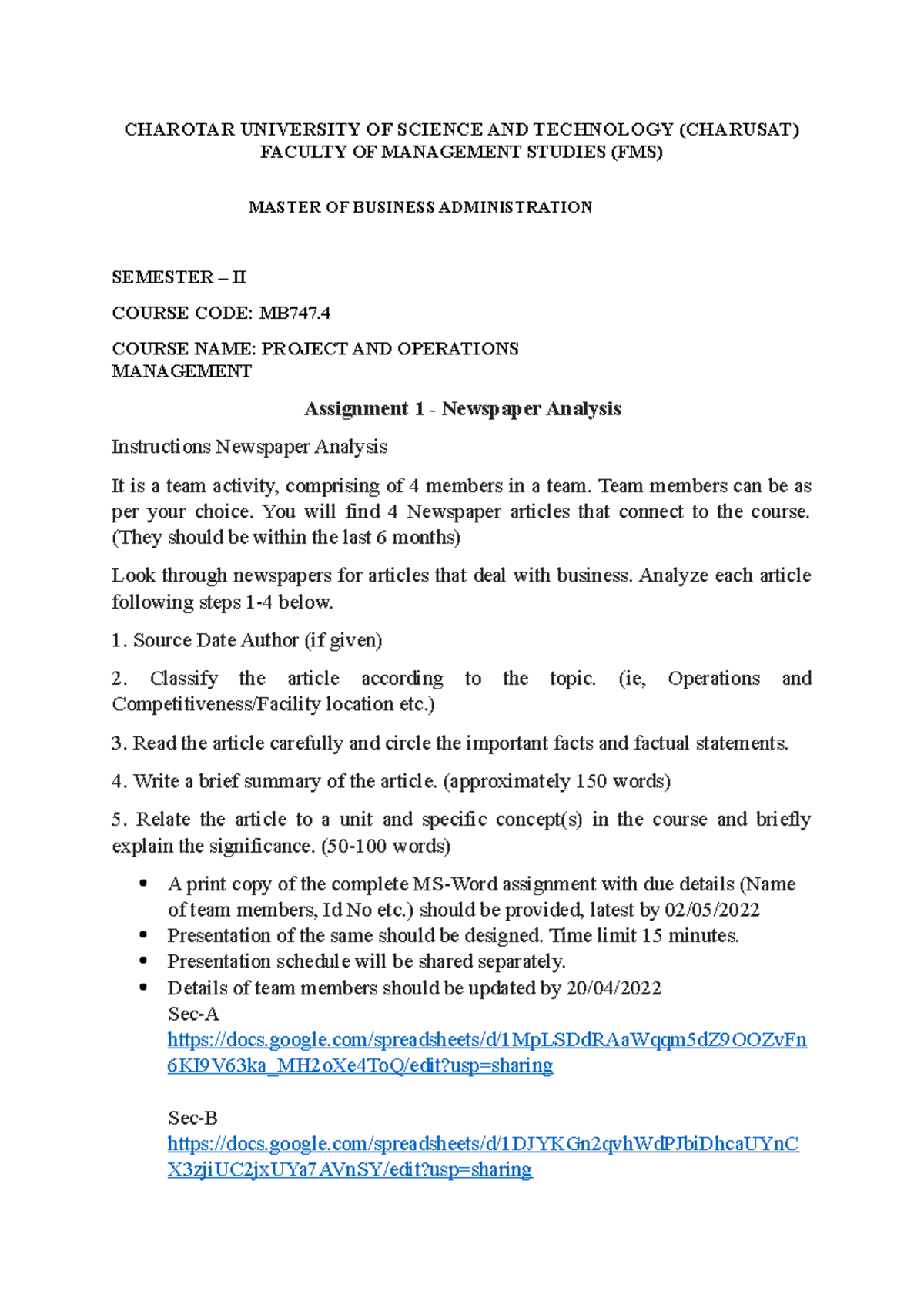 Newspaper Analysis Assignment for MB747: Project and Operations ...