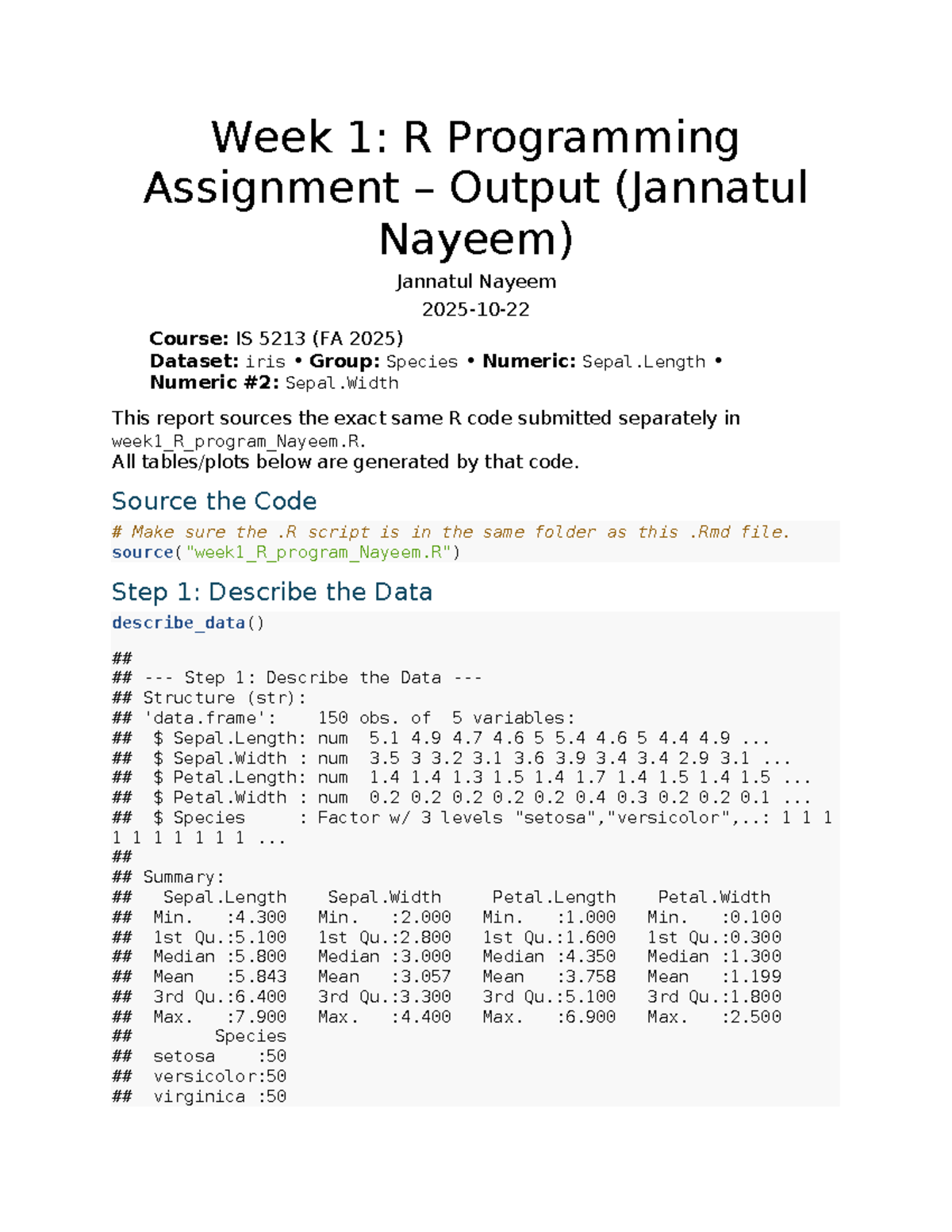 Week 1: R Programming Assignment Output (IS 5213) - Studocu