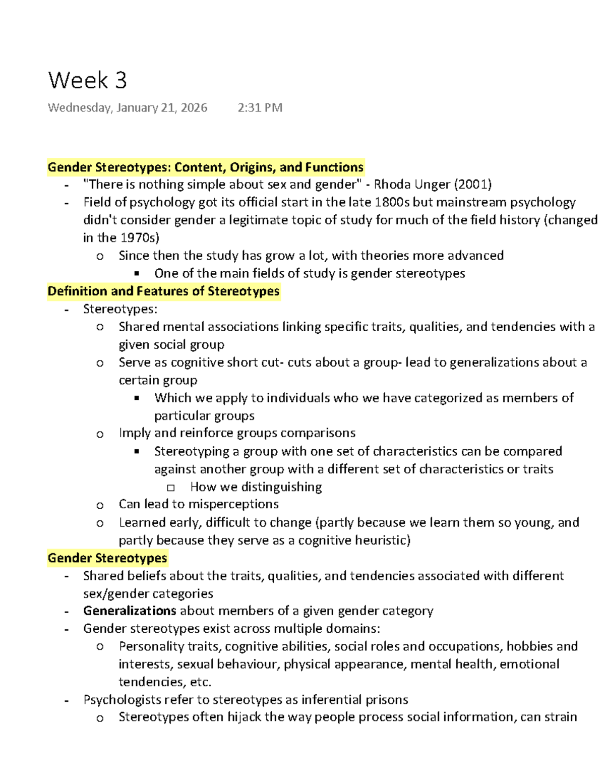 PSY 2074 - Week 3 Lecture Notes: Gender Stereotypes Explained - Studocu