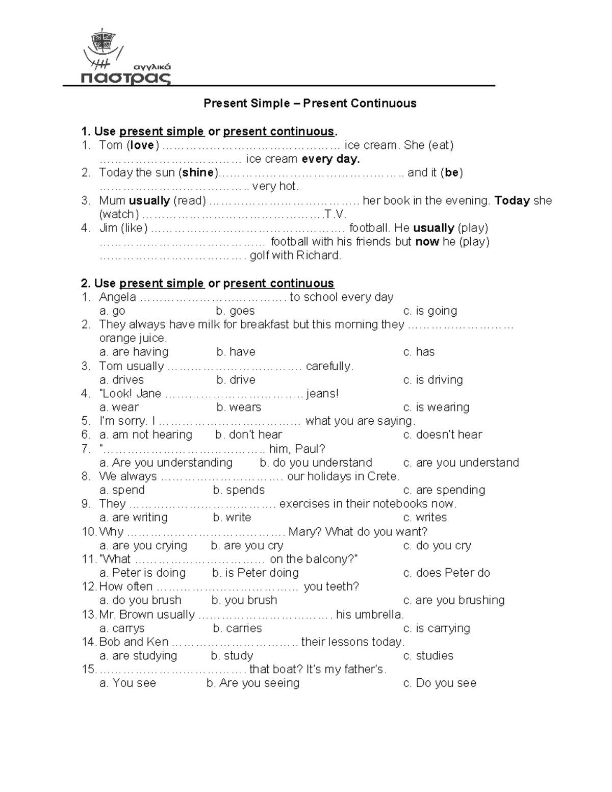 Present Simple vs. Present Continuous: Practice Exercises - Studocu